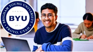 BYU Scholarship 2025/2026 students standing on Brigham Young University campus holding books and smiling.