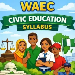 Students studying the WAEC Civic Education syllabus with textbooks and national symbols.