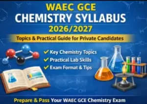 WAEC GCE Chemistry Syllabus 2026/2027 showing laboratory equipment, textbooks, and key chemistry topics