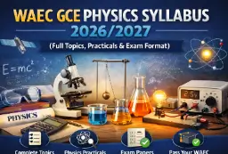WAEC GCE Physics Syllabus 2026/2027 showing physics textbooks, laboratory equipment and exam topics