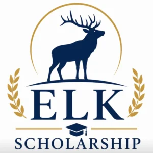 ELK Scholarship logo featuring a navy blue elk silhouette above the text with gold laurel branches and academic symbols